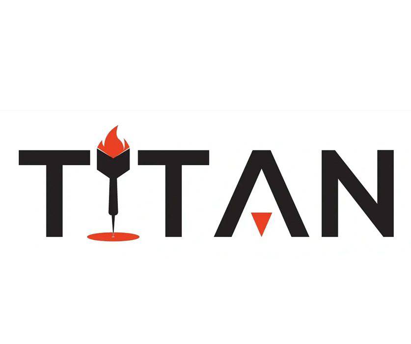 Logo with the word TITAN and a flaming torch as the letter I.